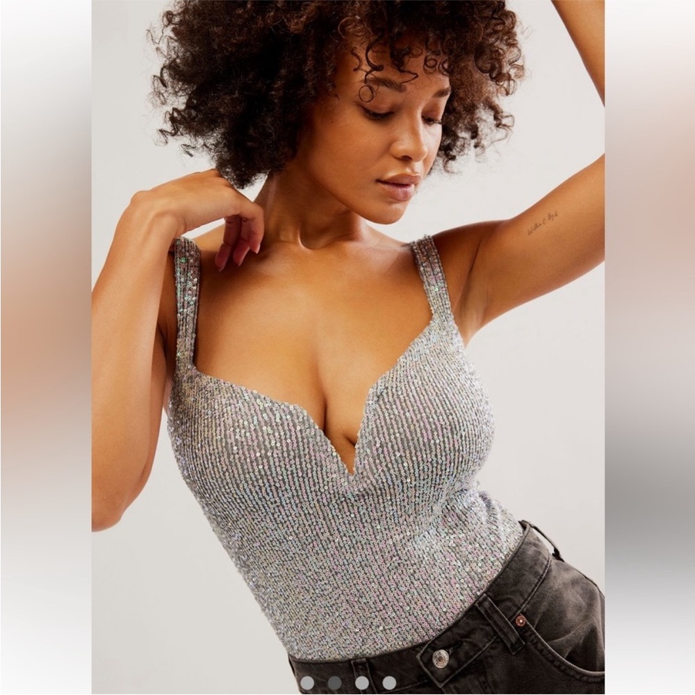 Free People Silver Sparkle Bodysuit